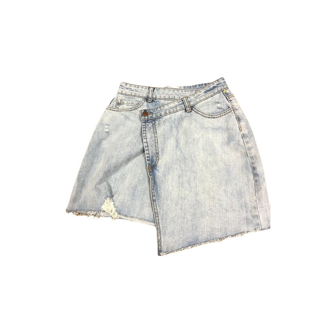 Princess Polly Denim Jean Mini Skirt Size 2 Frayed Ends Asymmetrical Acid Wash